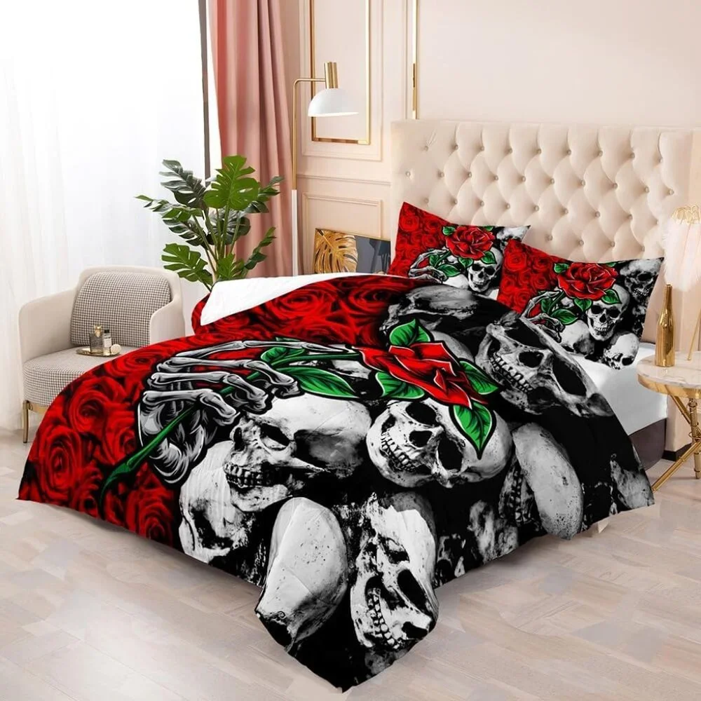 Roses Floral Skull Comforter Set Queen Sz